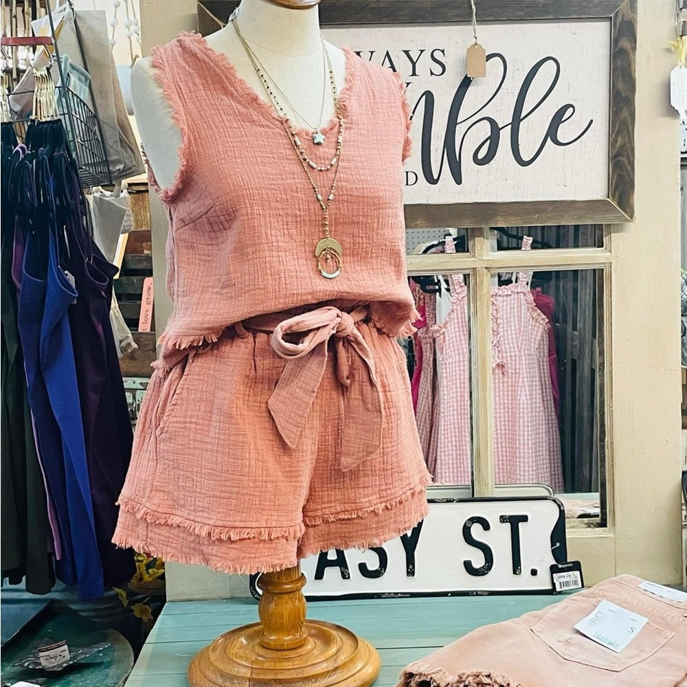 Two Piece Dusty Pink Gauze Shorts Set by New In
